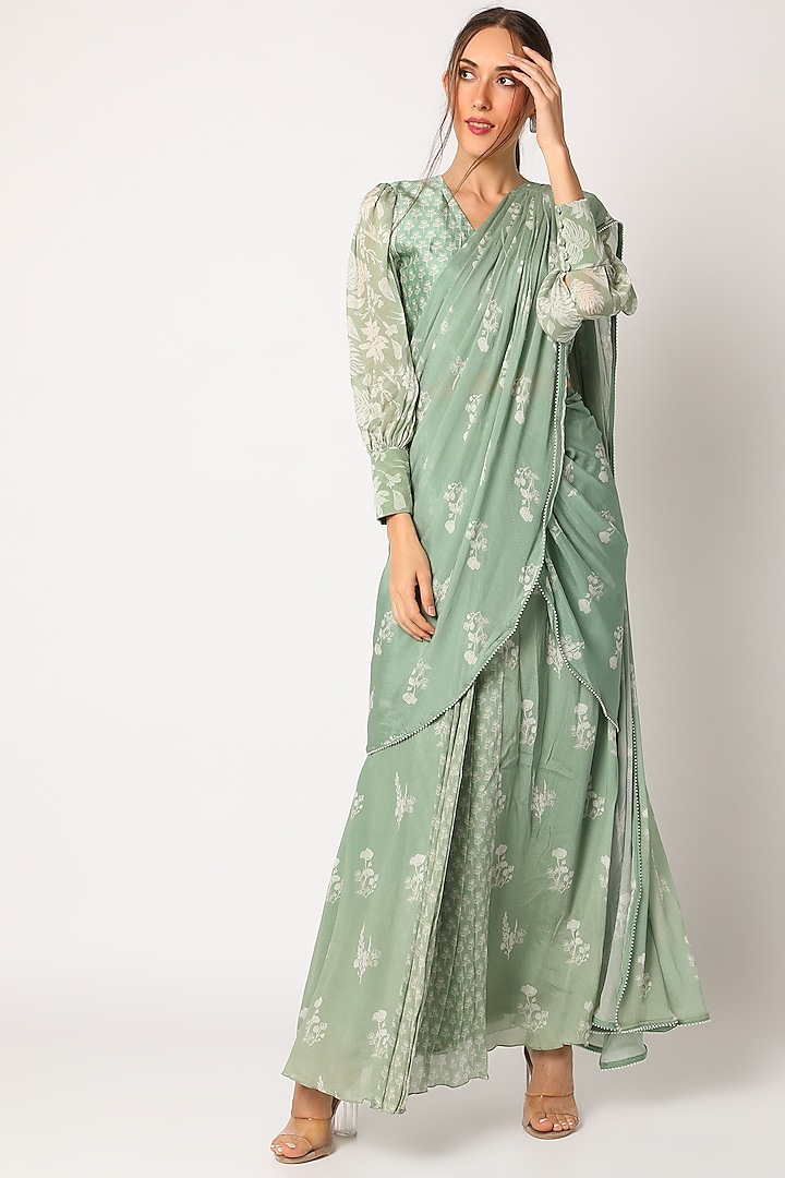 Green Printed Saree With Blouse by Suave by Neha & Shreya