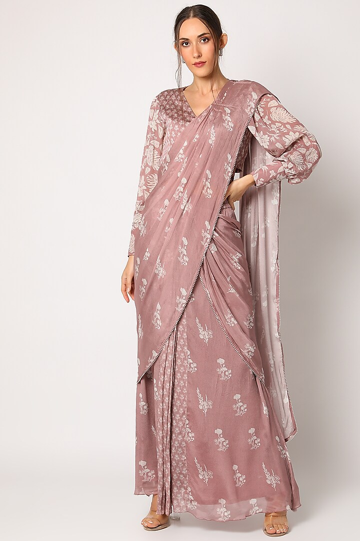 Blush Pink Printed Saree With Blouse by Suave by Neha & Shreya