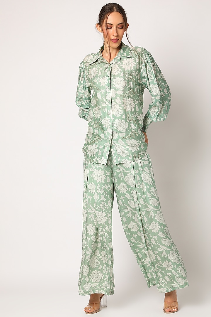 Green Embroidered & Printed Pants Set by Suave by Neha & Shreya