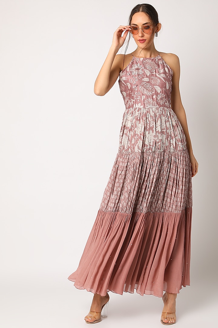 Blush Pink Embroidered & Printed Maxi Dress by Suave by Neha & Shreya