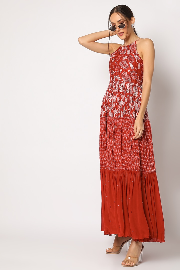 Red  Embroidered & Printed Maxi Dress by Suave by Neha & Shreya