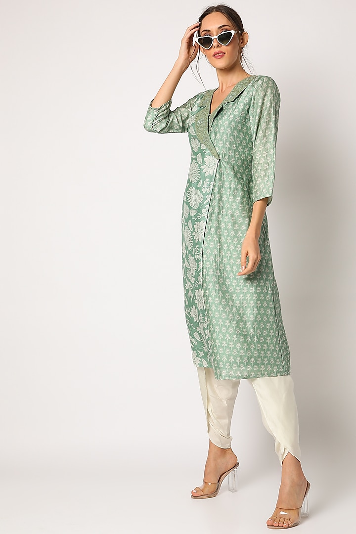 Green Embroidered & Printed Blazer Kurta Set by Suave by Neha & Shreya at Pernia's Pop Up Shop