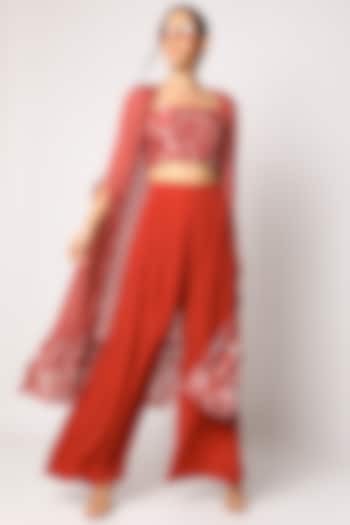 Red Embroidered & Printed Palazzo Pants Set by Suave by Neha & Shreya