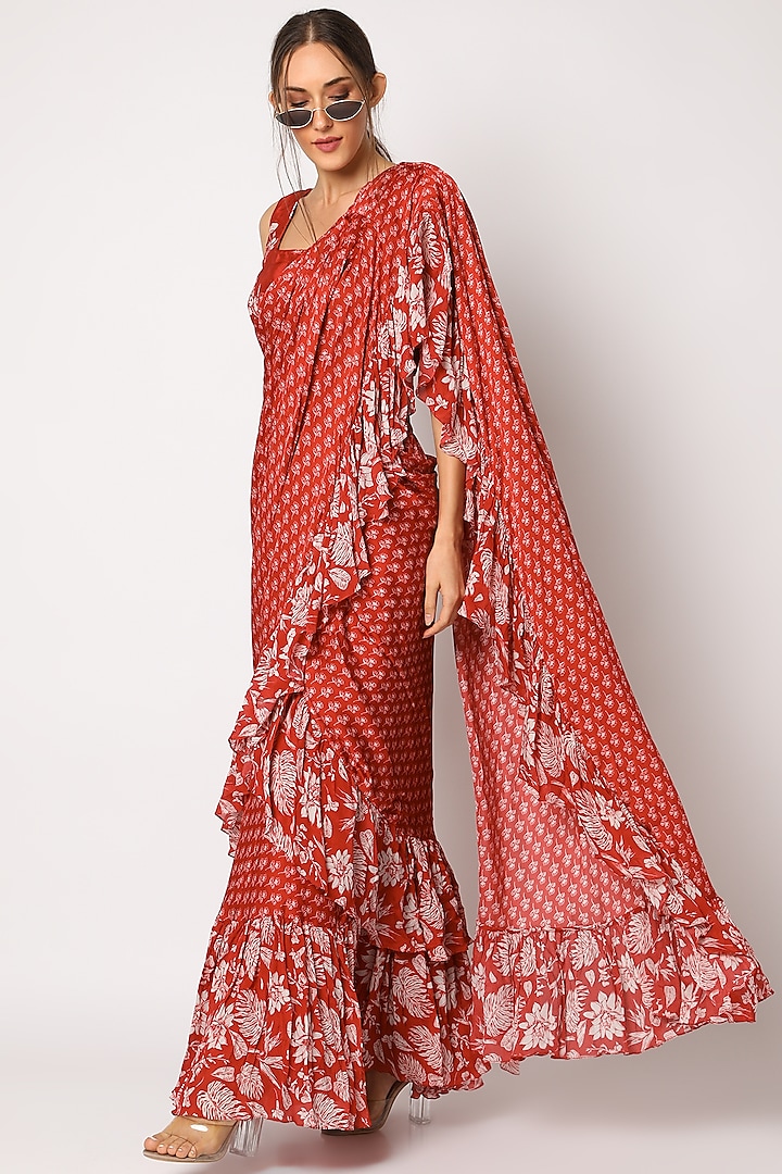 Red Georgette Embroidered & Printed Pre-Stitched Party Wear Saree Set by Suave by Neha & Shreya at Pernia's Pop Up Shop