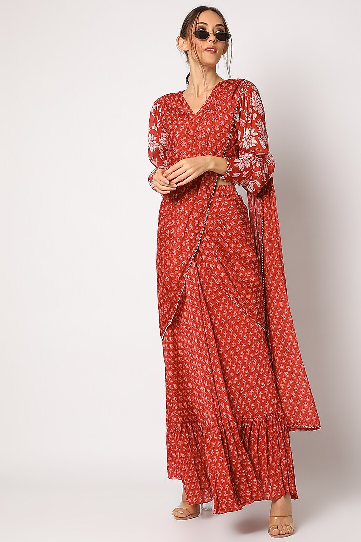 Red Printed Saree With Blouse by Suave by Neha & Shreya