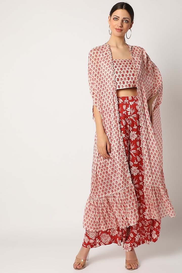 Red Embroidered & Printed Palazzo Pant Set by Suave by Neha & Shreya