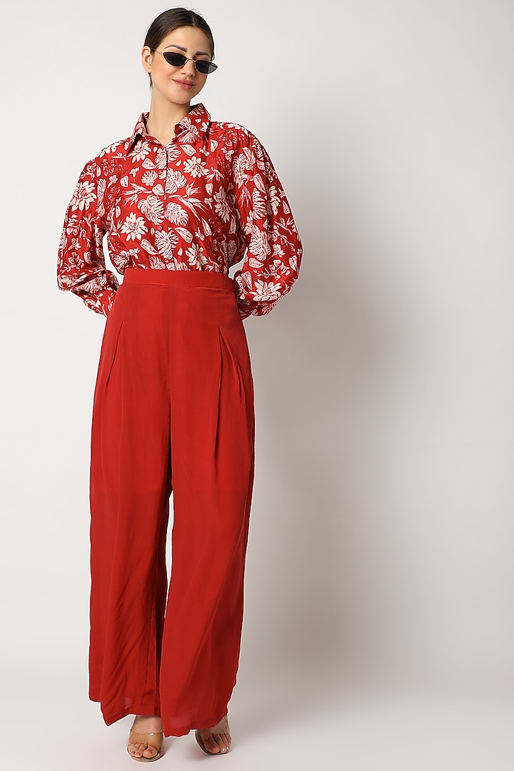 Red Embroidered Pant Set by Suave by Neha & Shreya