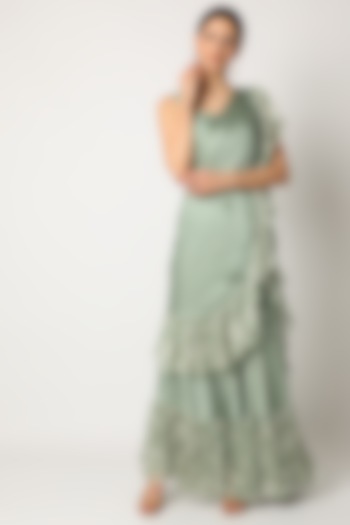 Mint Green Embroidered Pre-Stitched Saree Set by Suave by Neha & Shreya