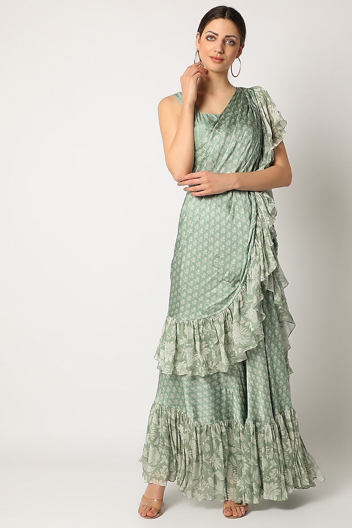 Mint Green Embroidered Pre-Stitched Saree Set by Suave by Neha & Shreya