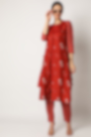 Red Embroidered & Printed Kurta Set by Suave by Neha & Shreya