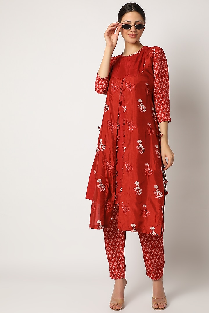 Red Embroidered & Printed Kurta Set by Suave by Neha & Shreya
