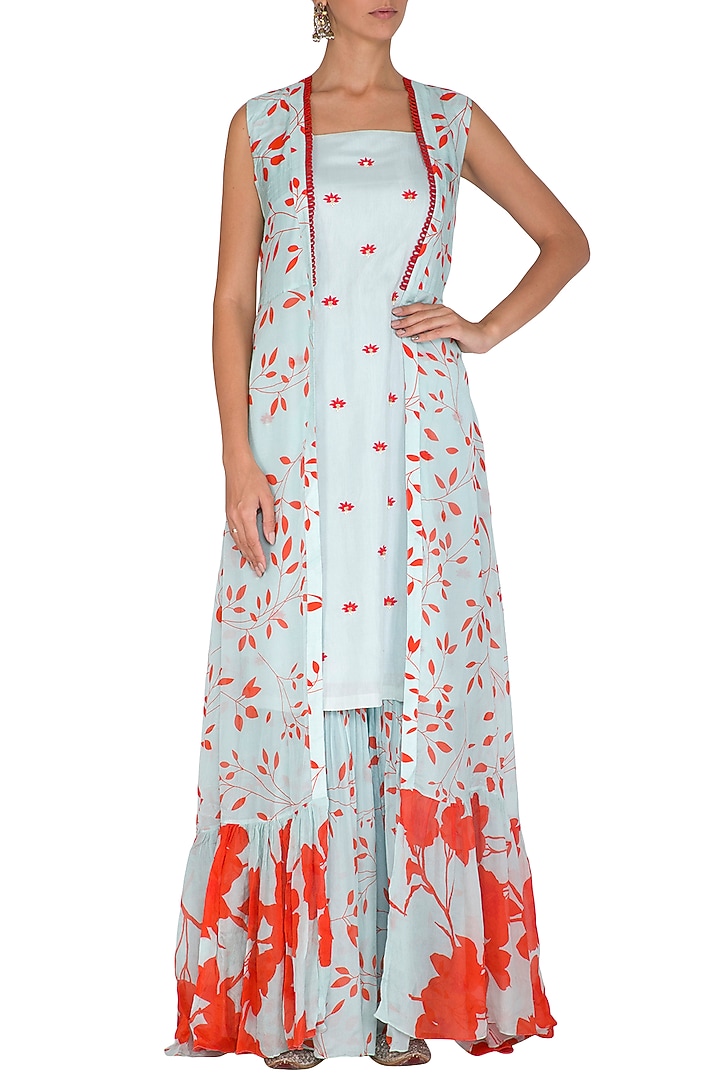 Sky Blue Embroidered & Printed Party Wear Sharara Set by Suave by Neha & Shreya at Pernia's Pop Up Shop