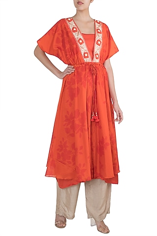 Orange Embroidered Printed Kaftan Kurta With Palazzo Pants & Inner by Suave by Neha & Shreya
