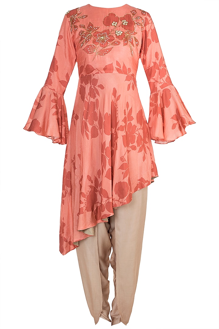 Pink Embroidered Asymmetric Kurta With Dhoti Pants by Suave by Neha & Shreya