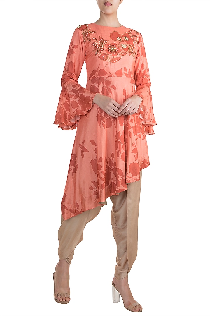Pink Embroidered Asymmetric Kurta With Dhoti Pants by Suave by Neha & Shreya at Pernia's Pop Up Shop