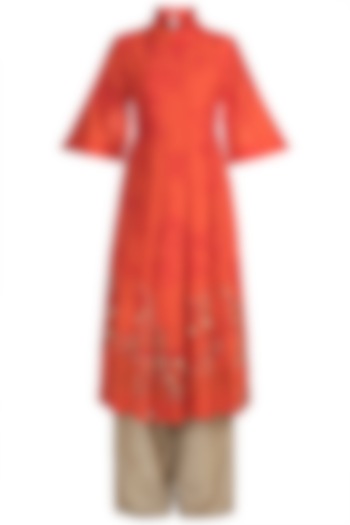 Orange Printed & Embroidered Kurta With Palazzo Pants by Suave by Neha & Shreya