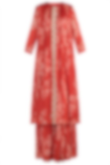 Red Embroidered, Printed & Pleated Kurta With Sharara Pants by Suave by Neha & Shreya