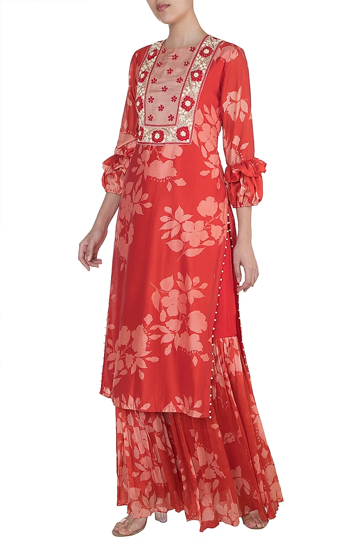 Red Embroidered Printed Kurta With Party Wear Sharara Pants by Suave by Neha & Shreya at Pernia's Pop Up Shop