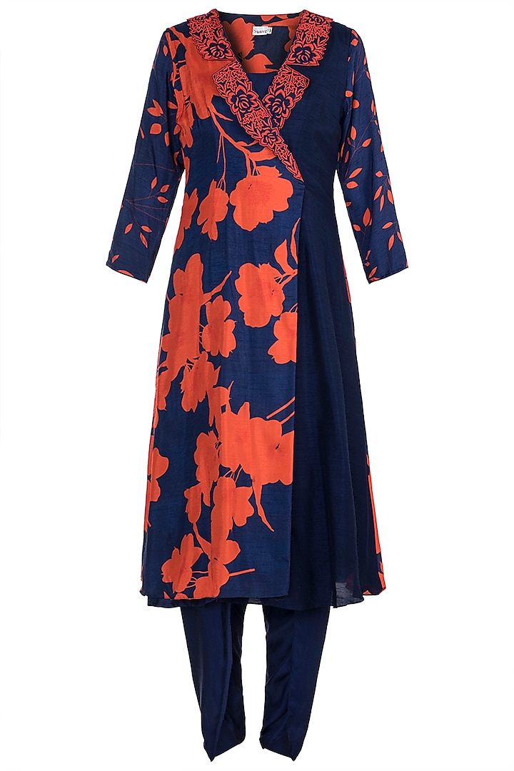 Navy Blue Embroidered Printed Kurta With Dhoti Pants by Suave by Neha & Shreya