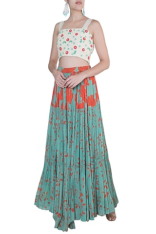 Teal Green Embroidered & Printed Skirt With Crop Top by Suave by Neha & Shreya