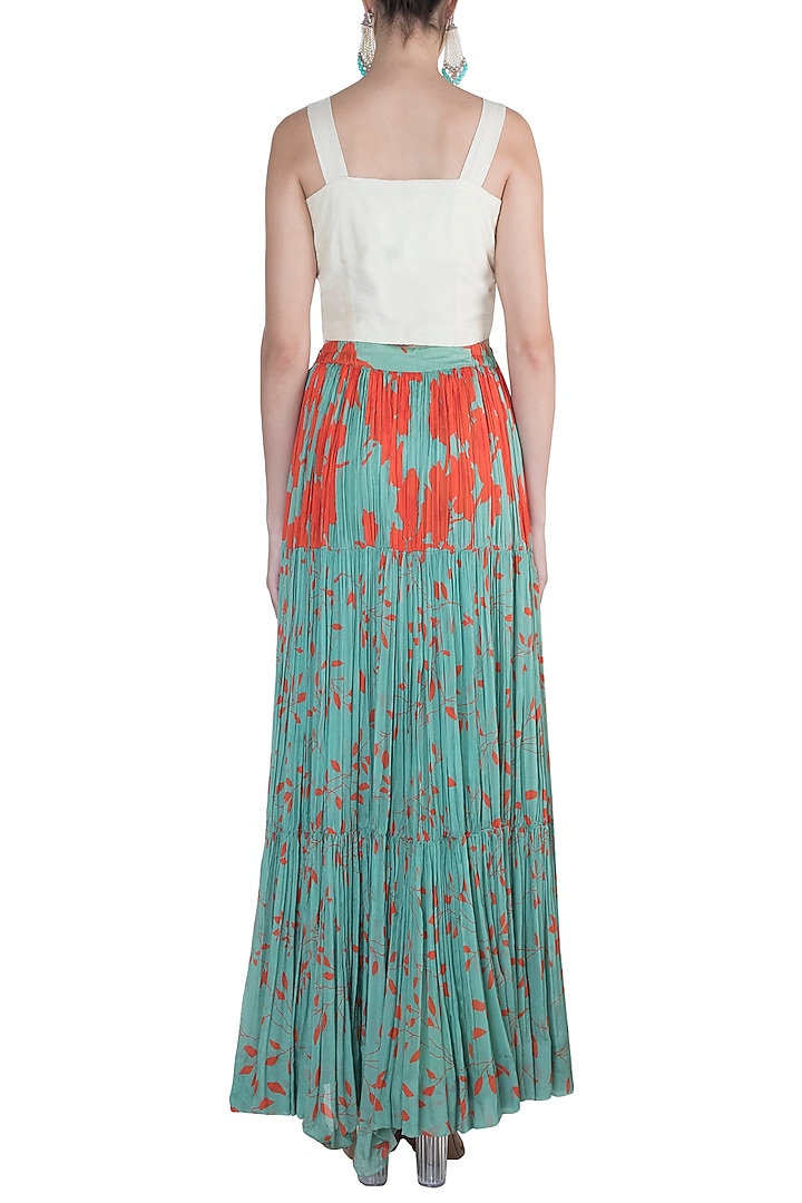 Teal Green Embroidered & Printed Skirt With Crop Top by Suave by Neha & Shreya at Pernia's Pop Up Shop