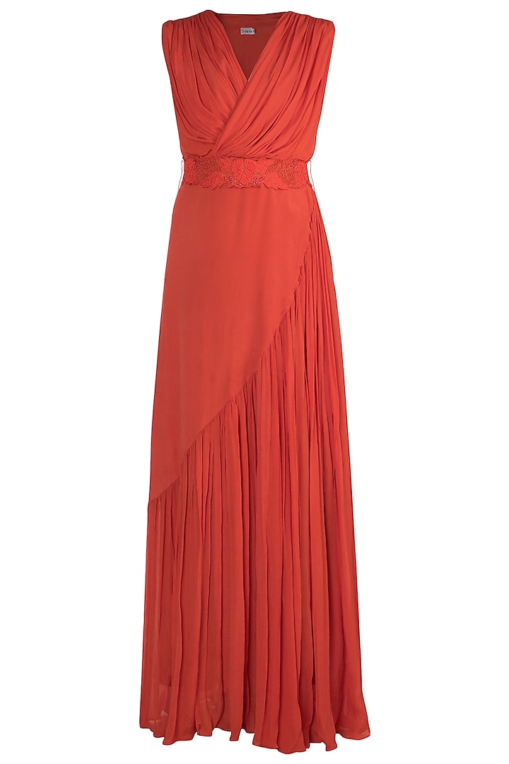 Orange Drape Gown With Embroidered Belt by Suave by Neha & Shreya