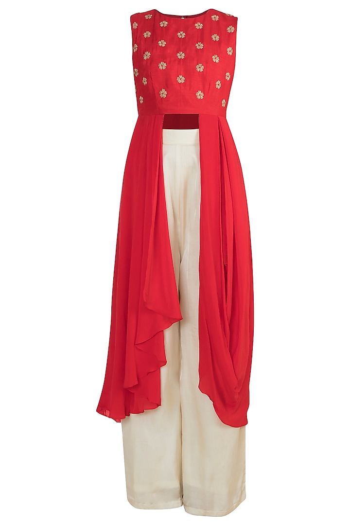 Red Embroidered Asymmetric Tunic With Pants by Suave by Neha & Shreya