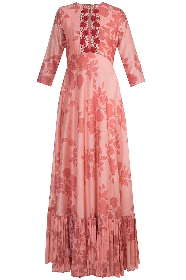 Pink Embroidered Printed Gown With Dupatta by Suave by Neha & Shreya
