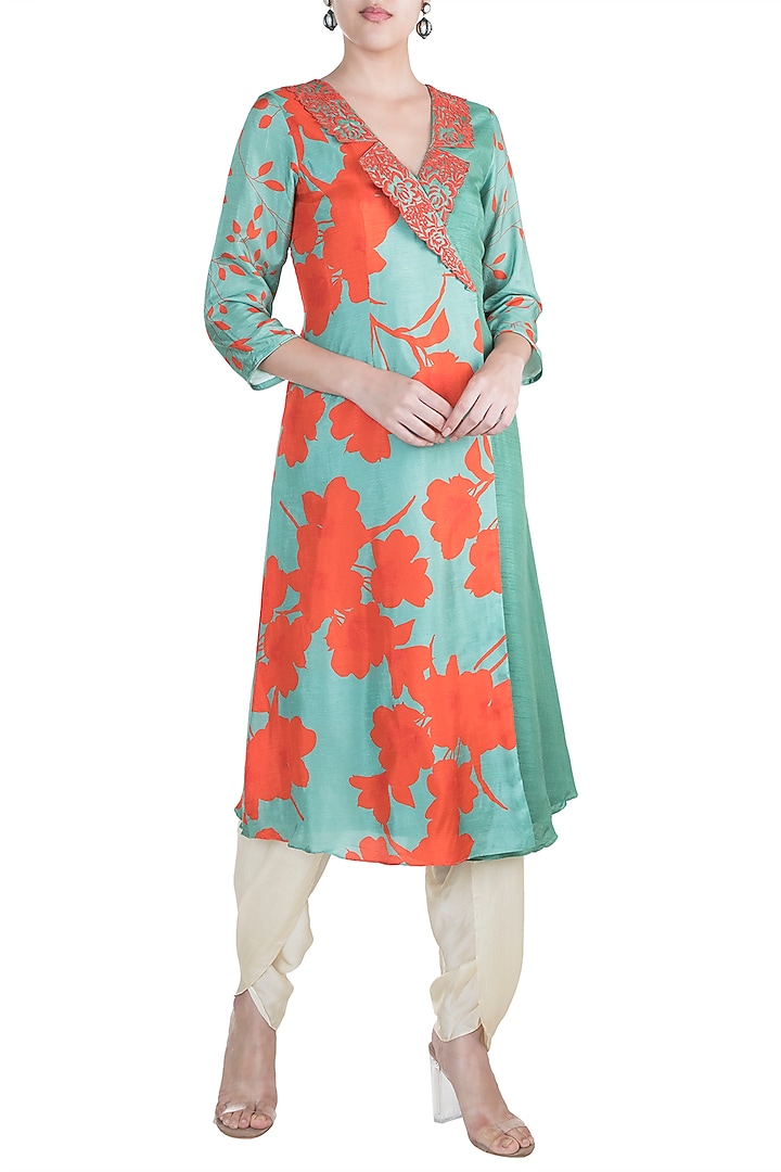 Teal Green Embroidered & Printed Blazer Kurta With Dhoti Pants by Suave by Neha & Shreya at Pernia's Pop Up Shop