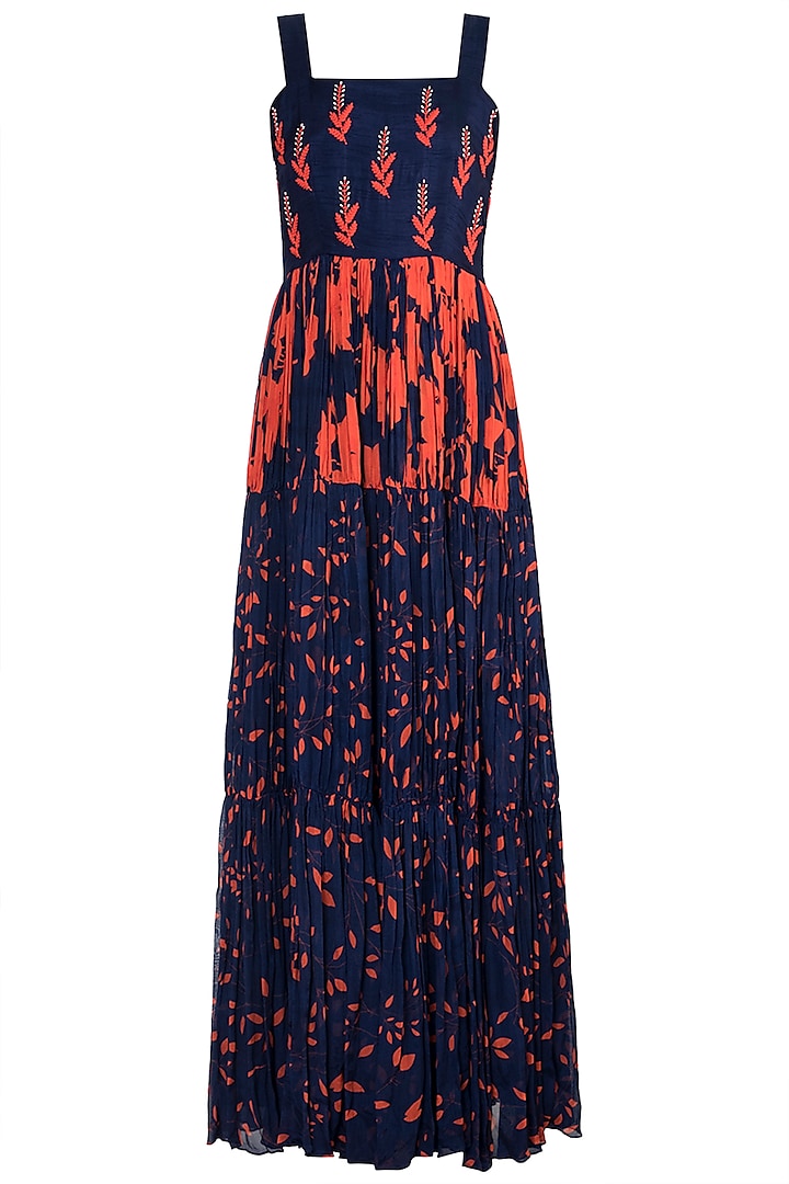 Navy Blue Embroidered & Printed Maxi Dress by Suave by Neha & Shreya