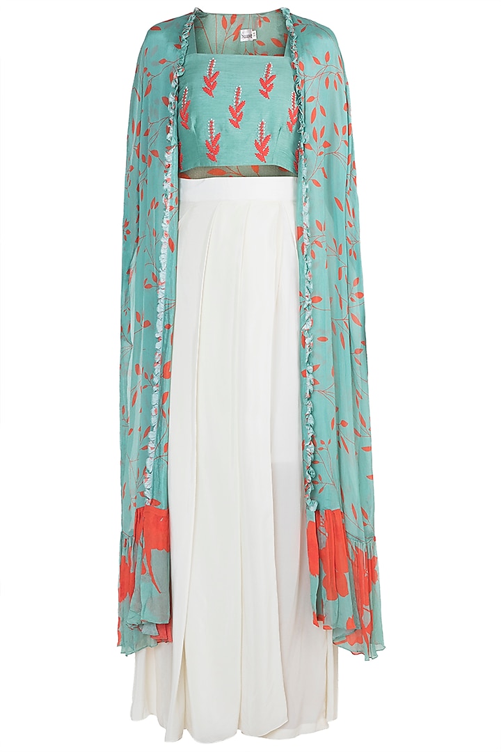 Teal Green Embroidered Printed Crop Top With Cape & Cream Pants by Suave by Neha & Shreya