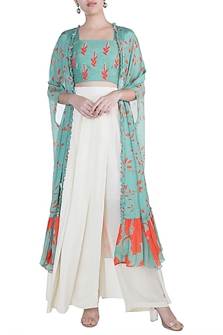 Teal Green Embroidered Printed Crop Top With Cape & Cream Pants by Suave by Neha & Shreya