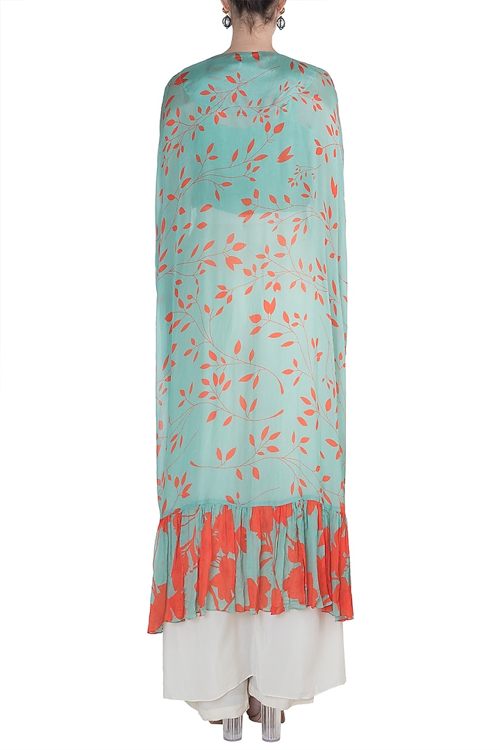 Teal Green Embroidered Printed Crop Top With Cape & Cream Pants by Suave by Neha & Shreya at Pernia's Pop Up Shop