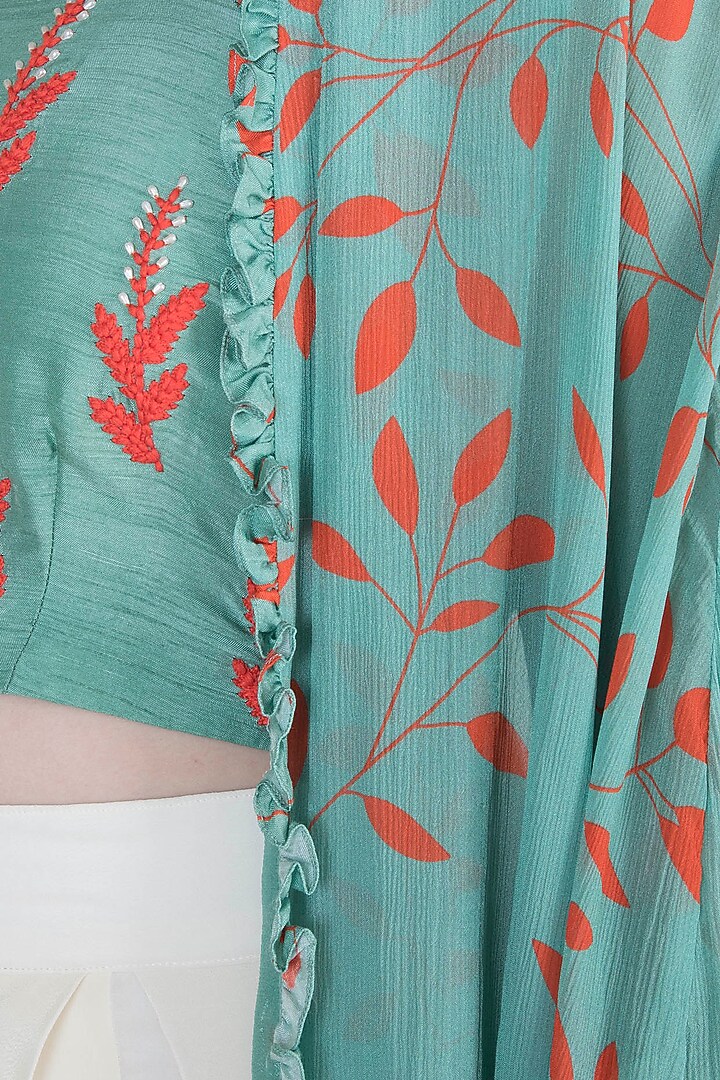 Teal Green Embroidered Printed Crop Top With Cape & Cream Pants by Suave by Neha & Shreya at Pernia's Pop Up Shop