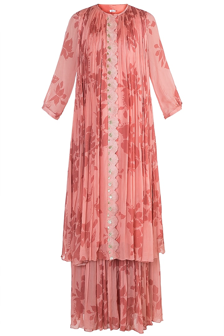 Pink Pleated & Embroidered Kurta With Sharara Pants by Suave by Neha & Shreya