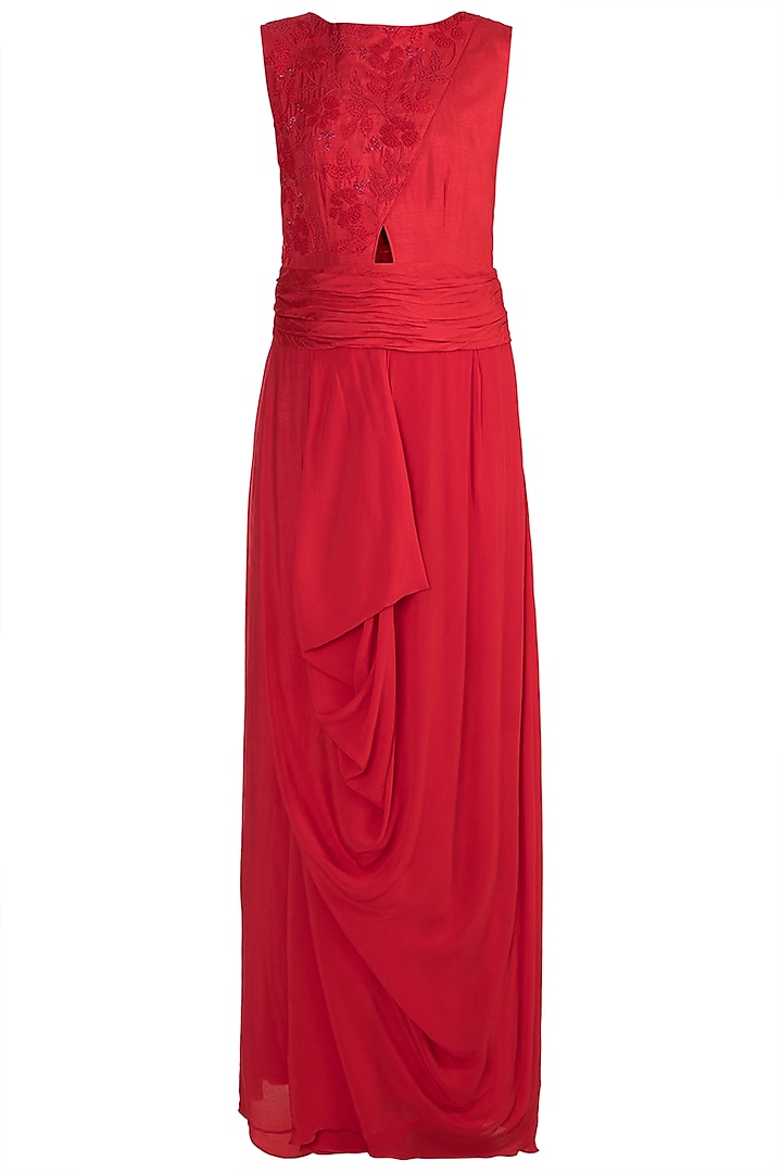 Red Embroidered Gown With Pleated Belt by Suave by Neha & Shreya