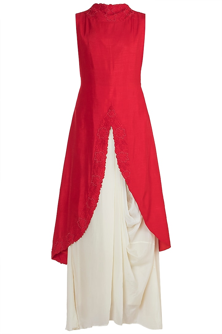 Red Embroidered Kurta With Cream Drape Skirt by Suave by Neha & Shreya