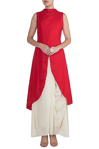 Red Embroidered Kurta With Cream Drape Skirt by Suave by Neha & Shreya