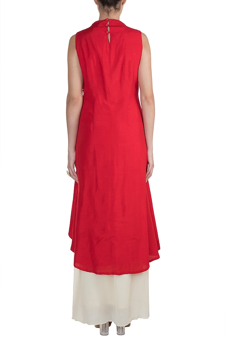Red Embroidered Kurta With Cream Drape Skirt by Suave by Neha & Shreya at Pernia's Pop Up Shop