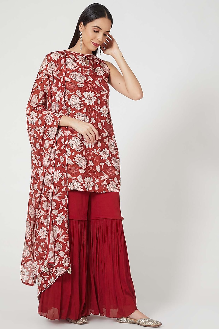 Red Printed & Embroidered Sharara Set by Suave By Neha & Shreya