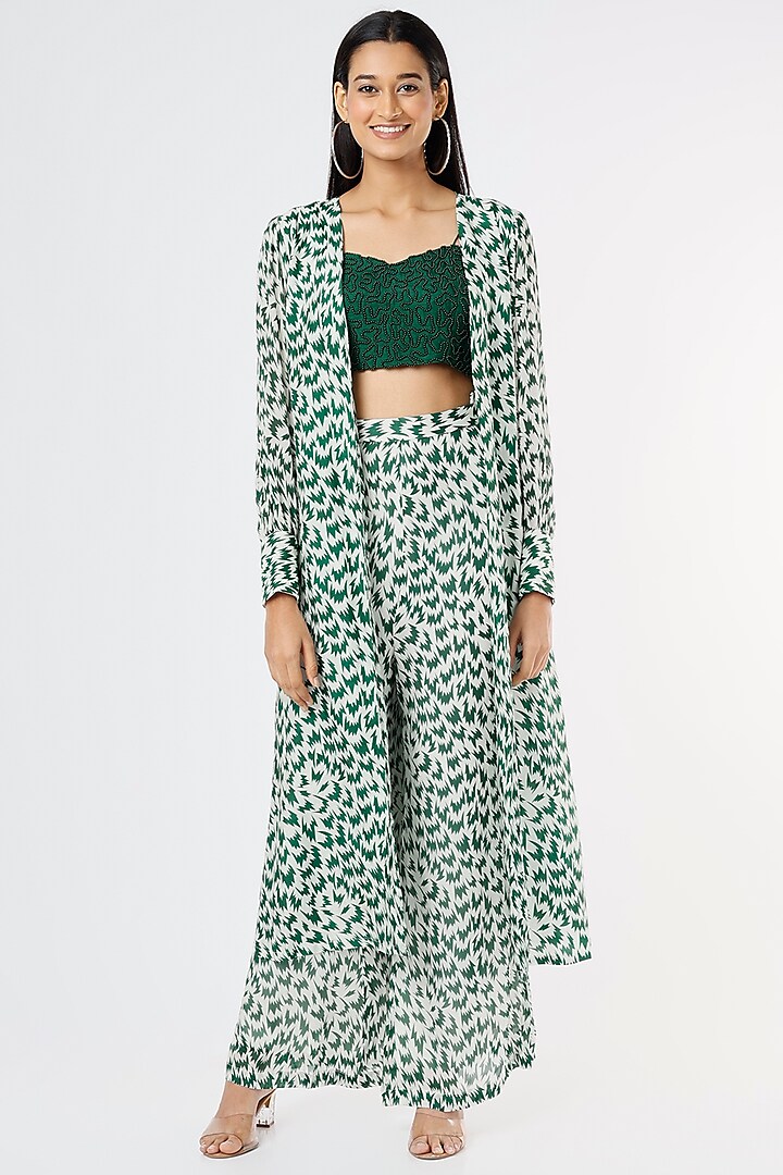 Green Digital Printed Dola Silk Jacket Set by Suave By Neha & Shreya at Pernia's Pop Up Shop