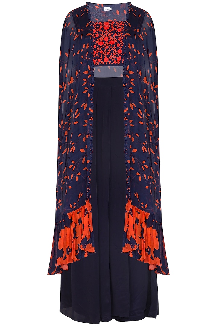 Navy Blue Embroidered Printed Crop Top With Cape & Pants by Suave by Neha & Shreya