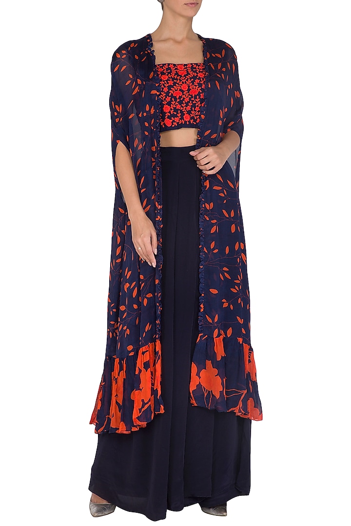 Navy Blue Embroidered Printed Crop Top With Cape & Pants by Suave by Neha & Shreya at Pernia's Pop Up Shop