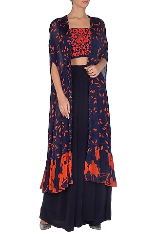 Navy Blue Embroidered Printed Crop Top With Cape & Pants by Suave by Neha & Shreya