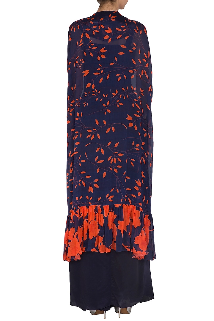 Navy Blue Embroidered Printed Crop Top With Cape & Pants by Suave by Neha & Shreya at Pernia's Pop Up Shop