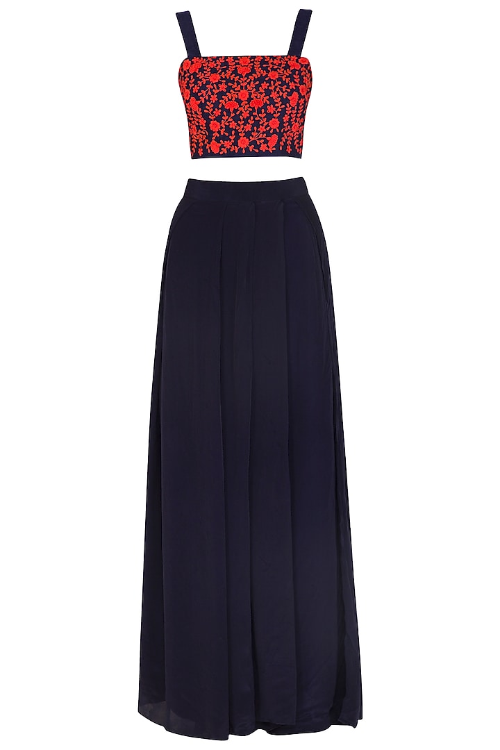Navy Blue Embroidered Printed Crop Top With Cape & Pants by Suave by Neha & Shreya at Pernia's Pop Up Shop