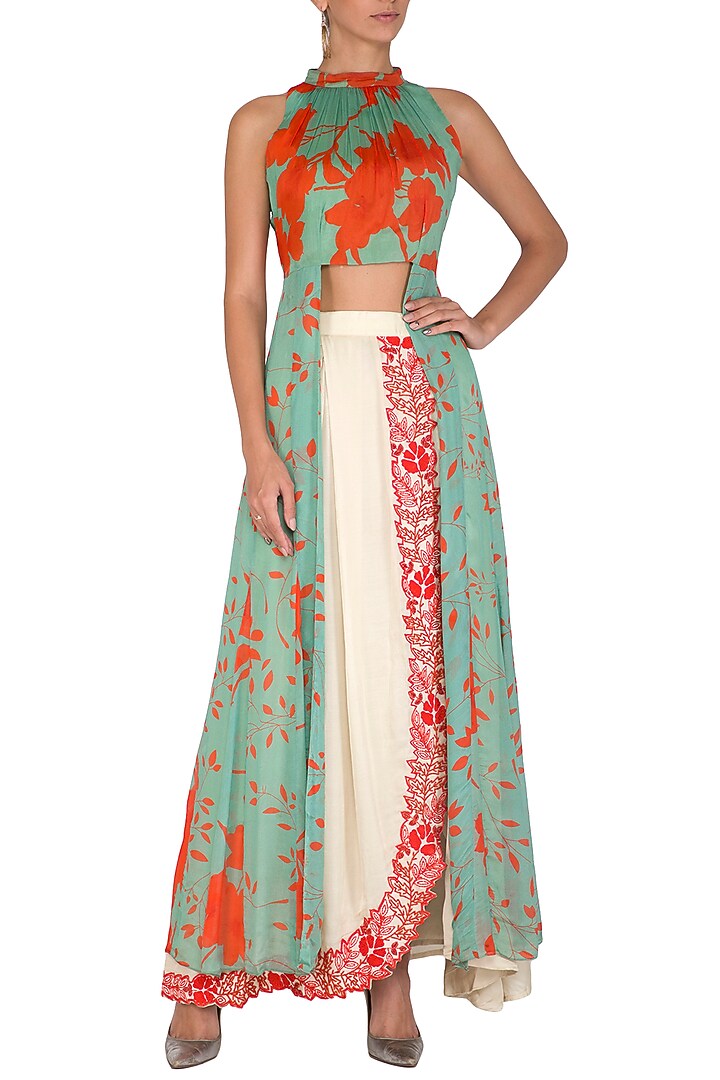 Sea Green Printed Kurta With Embroidered Wrap Skirt by Suave by Neha & Shreya at Pernia's Pop Up Shop