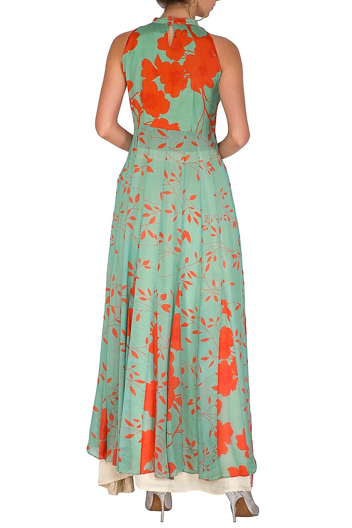 Sea Green Printed Kurta With Embroidered Wrap Skirt by Suave by Neha & Shreya at Pernia's Pop Up Shop
