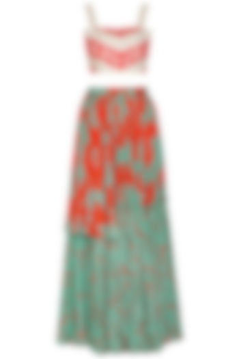 Sea Green Printed Skirt With Embroidered Crop Top by Suave by Neha & Shreya