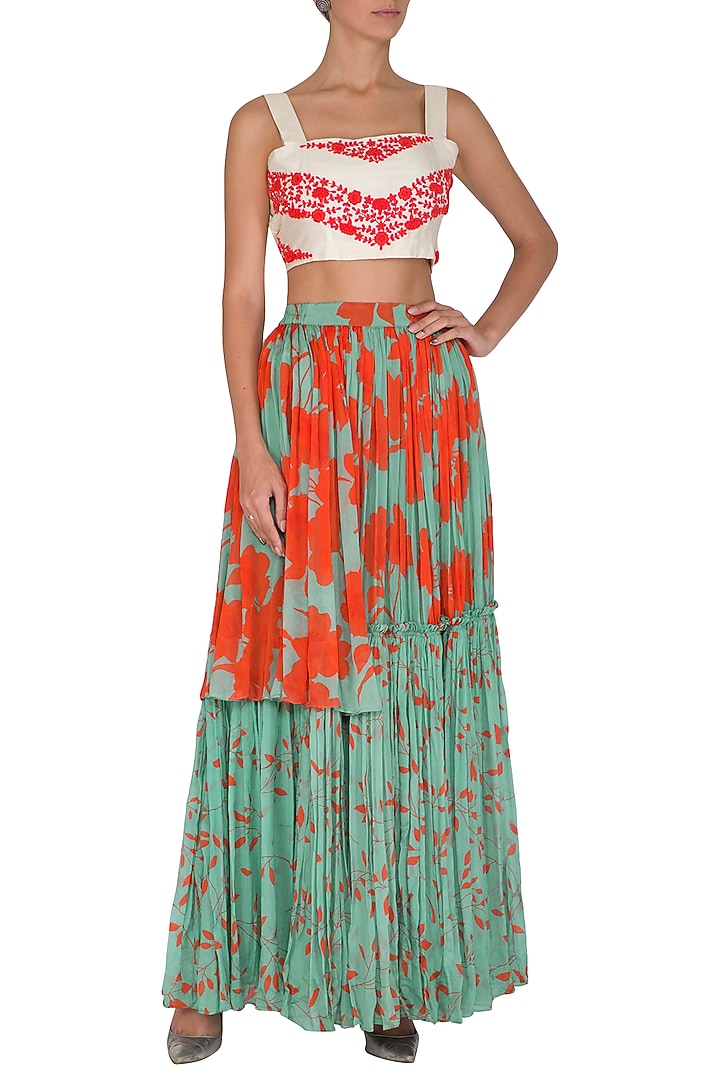 Sea Green Printed Skirt With Embroidered Crop Top by Suave by Neha & Shreya at Pernia's Pop Up Shop